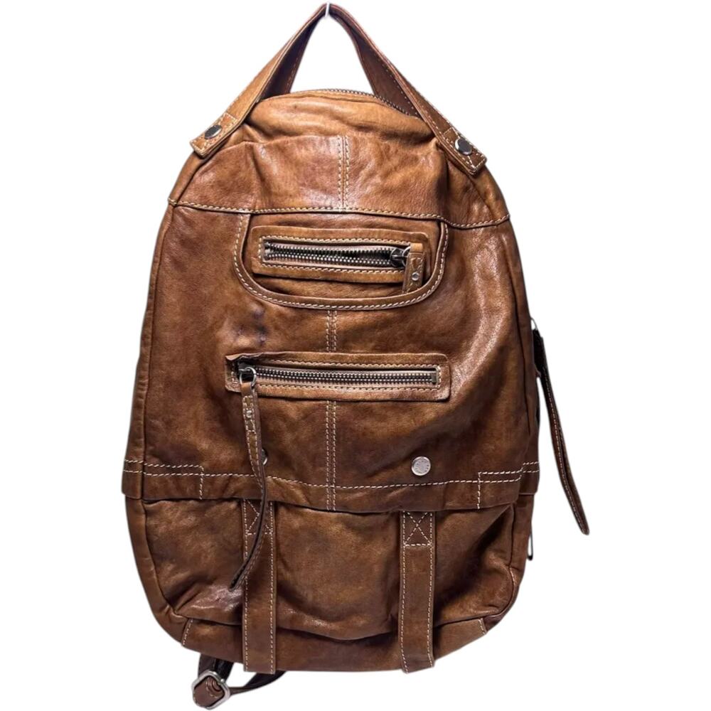 VTG Andrew Marc New York Distressed Brown Leather Multi-Zip Backpack Rucksack